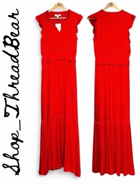 NWT + Silky! [THML] Red Tiered Ruched Ruffled Flutter V Neck Maxi Dress | Medium